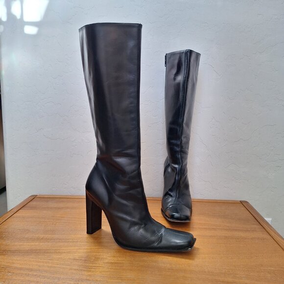 Y2K bebe Leather Heeled Boots Knee High Square Toe Edgy Sexy Whimsigoth Witchy - Picture 3 of 16